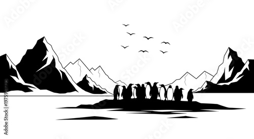 Penguins on an ice floe with mountains and birds in the background.