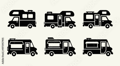 Set of six black silhouette RV and camper van icons.