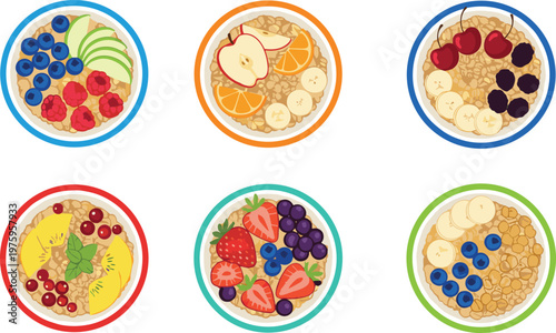 Healthy breakfast bowl illustration set, oatmeal with fruits berries banana apple vector collection isolated on white background food design