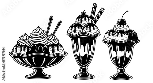 Set of three delicious ice cream sundaes with various toppings in vintage style.