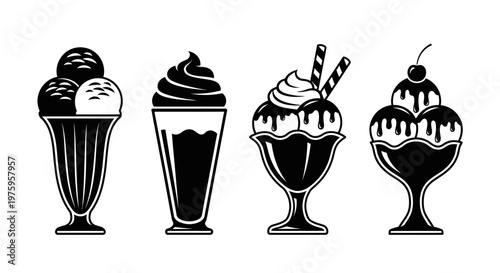Set of four delicious ice cream desserts in various glasses, black and white illustration.