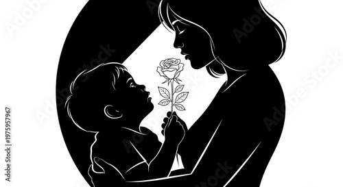 Silhouette of a mother and child sharing a tender moment with a rose.