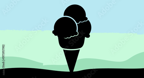 Silhouette of a double scoop ice cream cone against a serene landscape background.