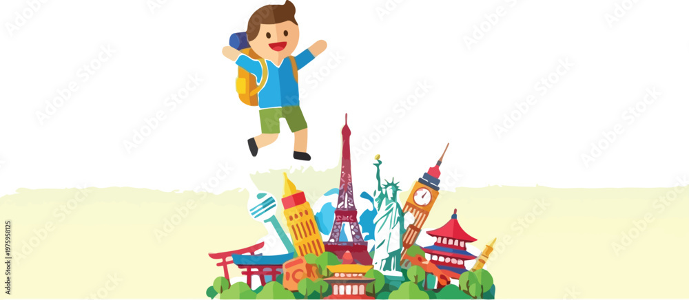 Fototapeta premium Traveler jumps happily above a collection of famous global city.