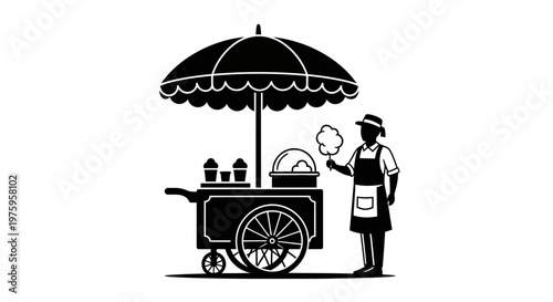 Street vendor selling cotton candy from a cart with an umbrella.