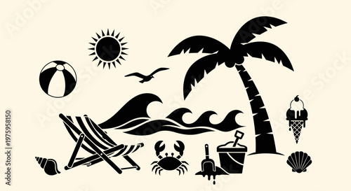 Summer beach vacation elements silhouette collection.
