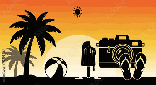 Summer Sunset Beach Vacation with Camera and Palm Trees.