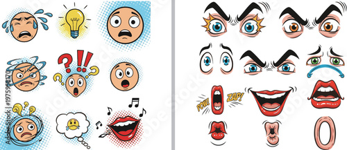 Dynamic vector set featuring cartoon characters with diverse expressions and thought bubbles, paired with individual comic-style facial features like expressive eyes and exaggerated mouths.