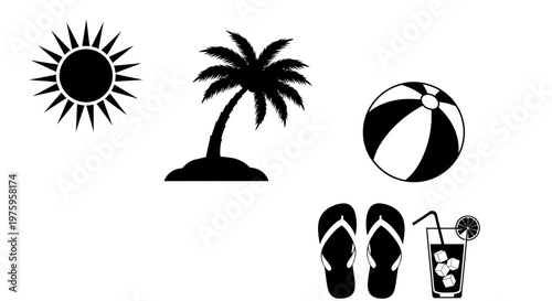 Summer vacation icons with sun, palm tree, beach ball, flip-flops, and drink.
