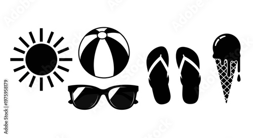 Summer vacation essentials black silhouettes on white background.