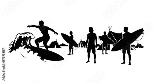 Surfers and tents on the beach, black and white vector illustration.