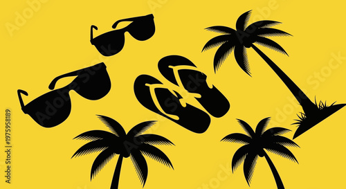 Summer vacation essentials - sunglasses, flip-flops, and palm trees on a vibrant yellow background.
