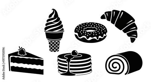 Sweet dessert collection with ice cream, donut, croissant, cake, pancakes, and swiss roll.