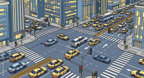 City Intersection Scene with Cars and Pedestrians.