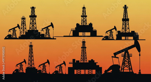 Silhouette of Oil Rigs and Pumpjacks at Sunset.