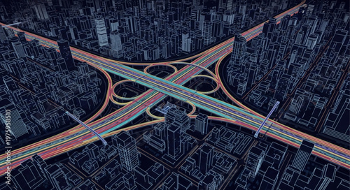 Aerial View of Illuminated Highway Interchange at Night.
