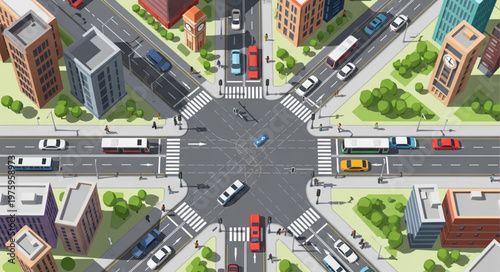 Aerial View of a Busy City Intersection with Traffic.