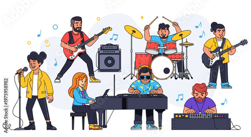 A colorful vector illustration of a lively band performing music together in harmony