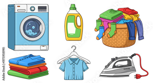 A colorful vector graphic illustration of laundry and cleaning supplies