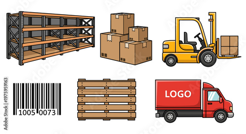 A vector graphic illustration of warehouse and logistics icons including a forklift truck and boxes