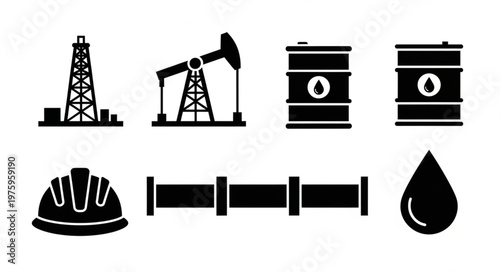 Oil Industry Icons - Rig, Pumpjack, Barrels, Helmet, Pipeline, and Drop.