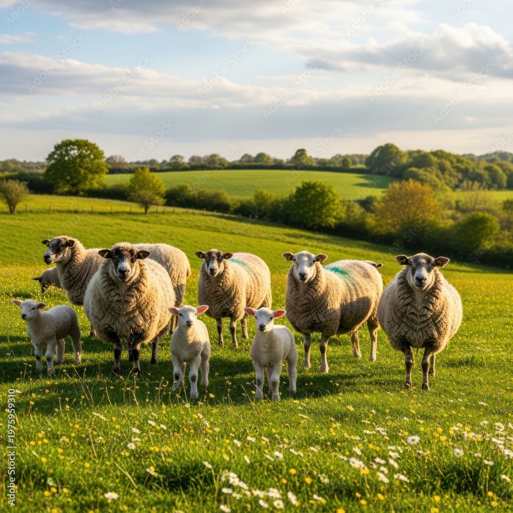 Fototapeta premium Flock of Sheep and Lambs Grazing in a Sunny Green Meadow