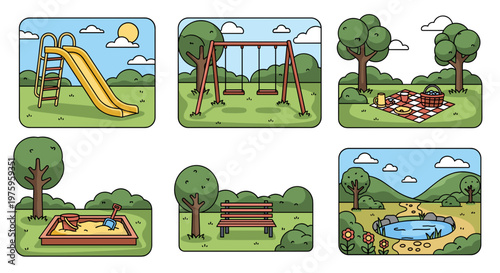 A colorful vector illustration of a park with various playground equipment and scenery