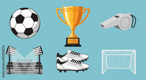 A vector graphic illustration of various soccer icons and equipment on a blue background