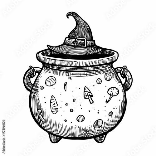 A witch's hat sits atop a bubbling cartoon cauldron filled with sweets.