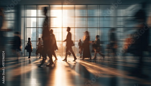 Silhouetted people walk through a sunlit, modern building lobby
