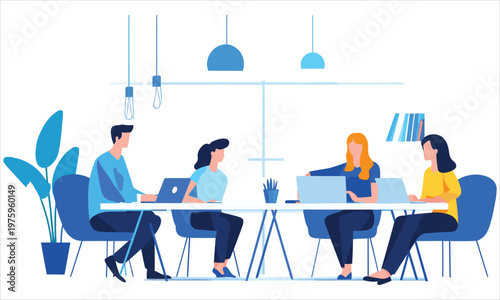 Business communication concept. Group of employees discussing idea at table. Brainstorming and company development, directors council or analytical department. Cartoon flat vector illustration