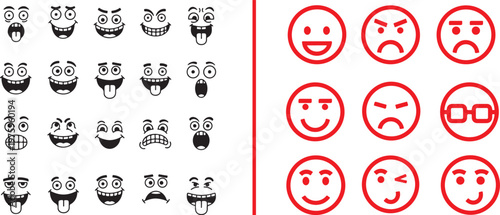 A set of vector facial expressions featuring black cartoon-style faces with exaggerated features and red line-art emoji icons, depicting various emotions like happiness, anger, and surprise.