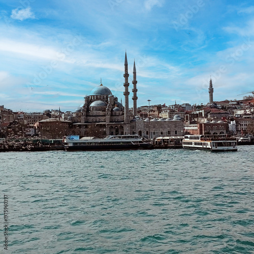 Istanbul skyline with new mosque and bosphorus ferries