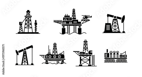 Oil and Gas Industry Icons - Offshore Platforms and Drilling Rigs.