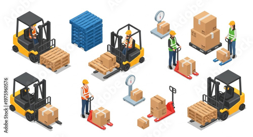 Warehouse forklift operator handling pallets and pallet jack equipment.