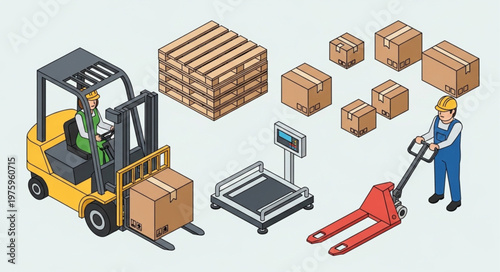 Warehouse forklift operator lifting pallet loaded with cardboard boxes.
