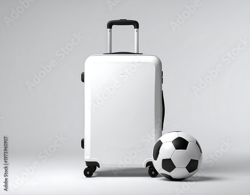 White Travel Suitcase and Soccer Ball on Clean Minimal Studio Background