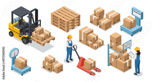 Warehouse workers operating forklift pallet jack and boxes.