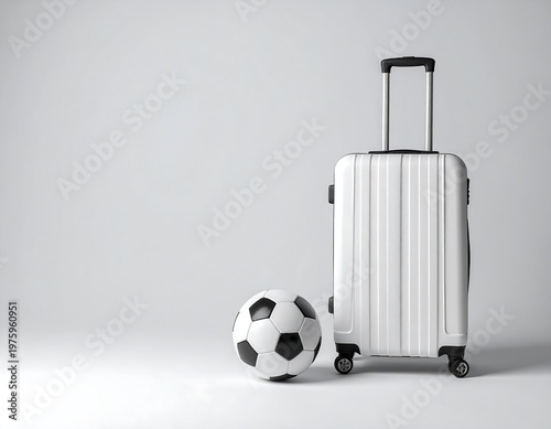 White Travel Suitcase and Soccer Ball on Clean Minimal Studio Background