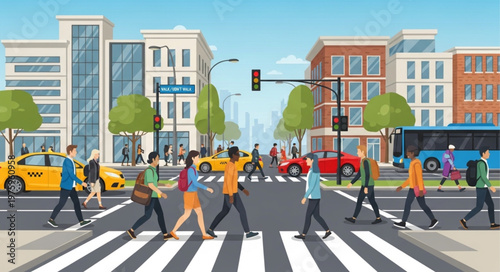 Diverse Group of People Crossing a City Street at a Crosswalk.