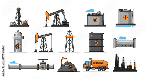 Oil and Gas Industry Icons - Extraction, Storage, and Transportation.