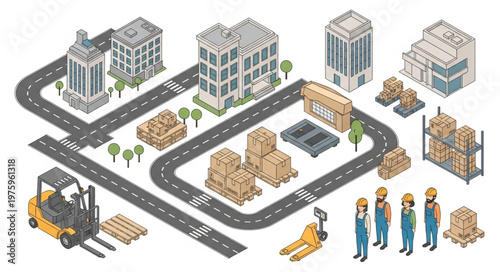 Yellow Forklift Moving Pallet in Industrial Warehouse Site.