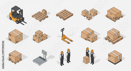 Stacked cardboard boxes pallets forklift and pallet jack operator.