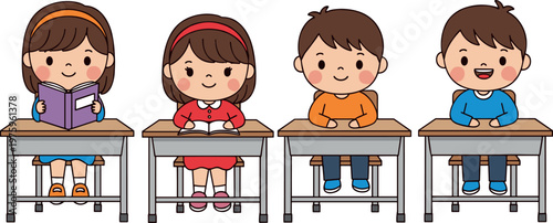 Cute Vector Illustration of Kids Sitting at Desks in Classroom, Engaged in Learning Activities for Education and School Themes