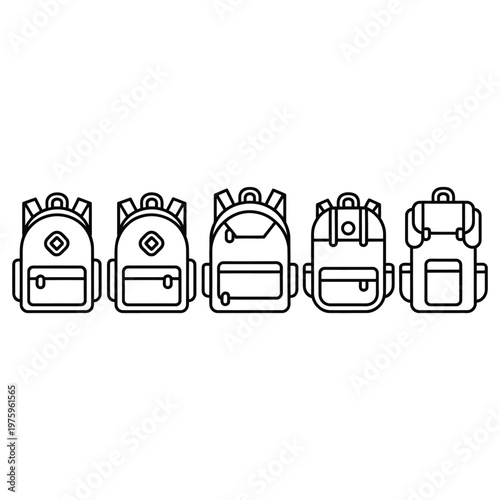 Minimalist outline illustration of a row of five identical backpacks, representing travel, school, adventure, gear, outdoor, and bag collection design.