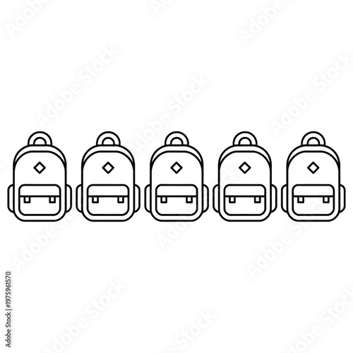 Minimalist outline illustration of a row of five identical backpacks, representing travel, school, adventure, gear, outdoor, and bag collection design.