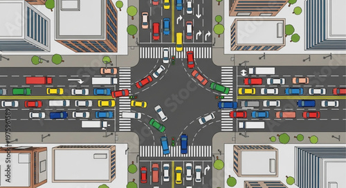 Aerial View of Busy City Intersection with Traffic.