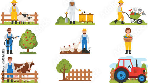 Farm Life Collection with Farmers, Animals, Agriculture Activities, and Equipment for Rural, Farming, and Organic Vector Illustration Designs