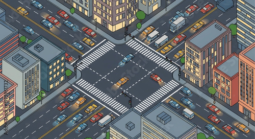 Isometric City Intersection with Cars and Pedestrian Crossings.
