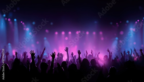 Crowd with hands raised under vibrant purple and blue stage lights